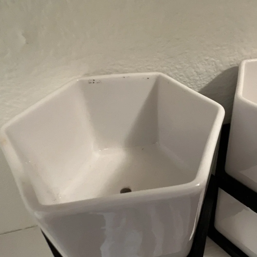 Small Hexagonal Ceramic Plant Pots w/ Black Saucers, Drainage Hole Set